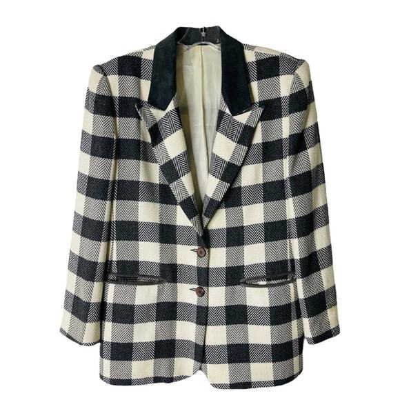Jackets & Blazers - Vintage grey cream tweed check plaid button preppy office blazer jacket medium